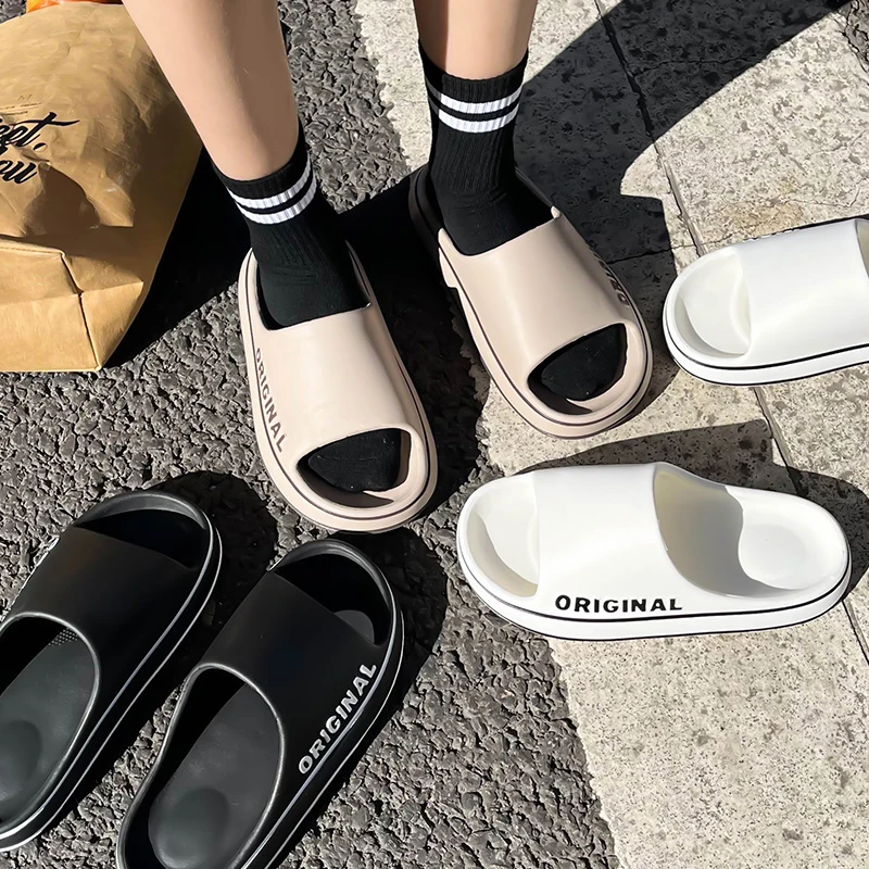 Water Shoes - 夏のカップル向けスライドサンダル、無地、文字プリント入り、男女兼用、厚底、ソフトソール、滑り止め、ホーム、バスルーム、ビーチシューズ