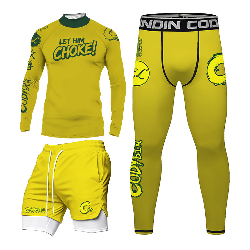 Rash Guard - メンズBJJラッシュガードセット ノーギ ブラジリアン柔術 MMA、インナー＆アウターポケット付き2-in-1ショーツ コンプレッション グラップリング