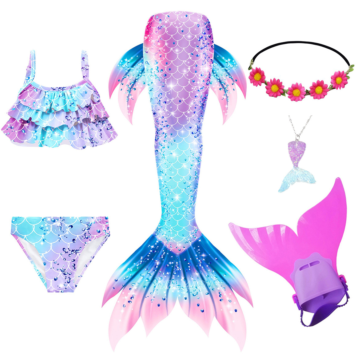 6 ピース/セットアリエル女の子水泳マーメイドテールモノフィ - Swim Fins のレビューと価格